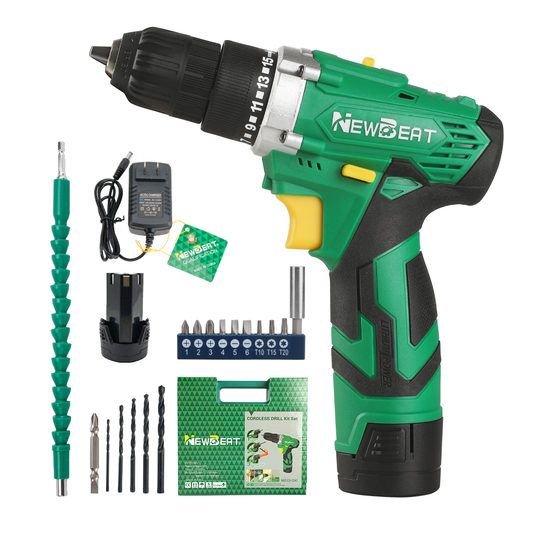 NewBeat 12V Variable Speed 15+1 Torque Cordless Drill Set with 2 Batteries & 1 Charger