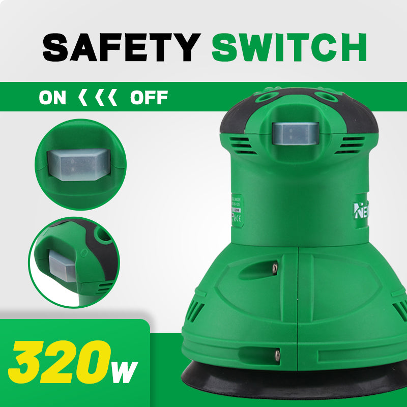 NEWBEAT Random Orbit Sander with Dust Bag, 320W Electric Sander, 12000 OPM, Anti-Vibration, Rubberized Handle, Ideal for Wood, Metal, and Finish Work