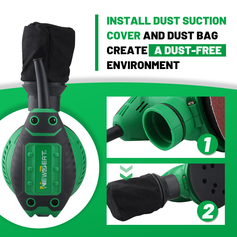 NEWBEAT Random Orbit Sander with Dust Bag, 320W Electric Sander, 12000 OPM, Anti-Vibration, Rubberized Handle, Ideal for Wood, Metal, and Finish Work