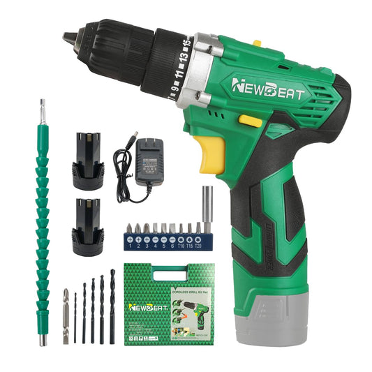 NEWBEAT Cordless Drill Set, 12V Power Drill Driver with 2 Batteries and Charger, 3/8" Keyless Chuck, 2 Variable Speed, 15+1 Torque Setting Electric Drill, Power Tools Kit for Home and DIY Project