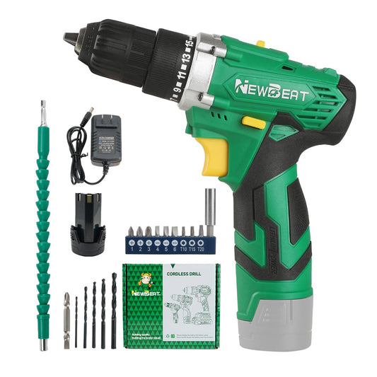 NEWBEAT Cordless Drill Set, 12V Power Drill Driver with 1 Battery and Charger, 3/8" Keyless Chuck, 2 Variable Speed, 15+1 Torque Setting, Drill Driver Kit for Home and DIY Project