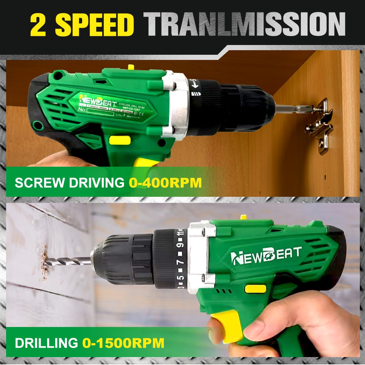 NEWBEAT Cordless Drill Set, 12V Power Drill Driver with 1 Battery and Charger, 3/8" Keyless Chuck, 2 Variable Speed, 15+1 Torque Setting, Drill Driver Kit for Home and DIY Project