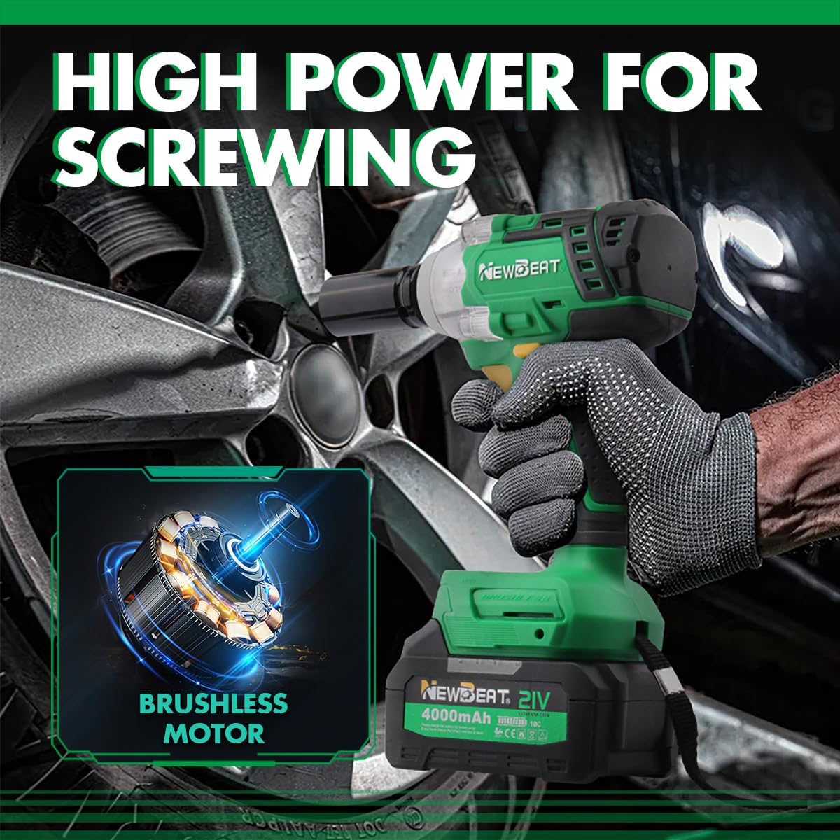 NEWBEAT Cordless Impact Wrench, 21V Brushless 1/2 inch Impact Wrench, Electric Impact Gun, Power Impact Driver with 4.0Ah Battery and Charger, Variable Speeds for Car, Home DIY, Tire Removal Tool