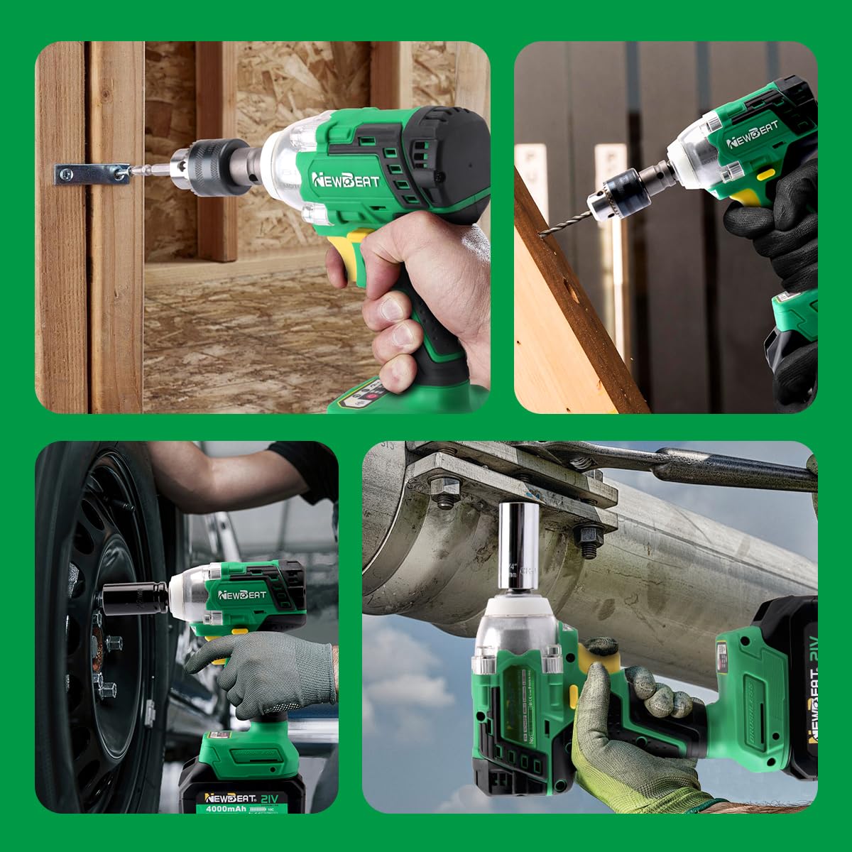 NEWBEAT Cordless Impact Wrench, 21V Brushless 1/2 inch Impact Wrench, Electric Impact Gun, Power Impact Driver with 4.0Ah Battery and Charger, Variable Speeds for Car, Home DIY, Tire Removal Tool