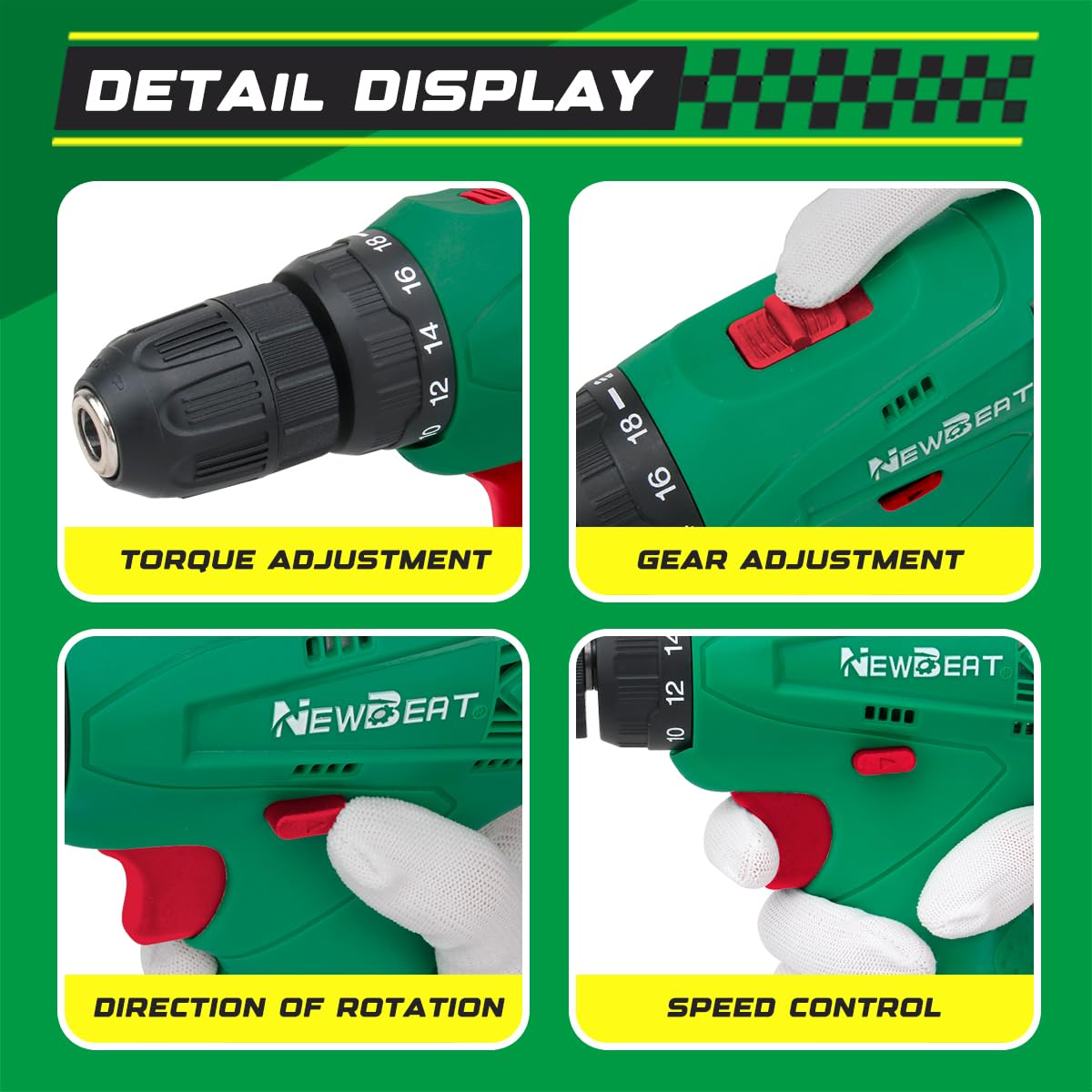 NEWBEAT Cordless Drill Set, 12V Power Drill Driver with Battery and Charger, 3/8" Keyless Chuck, 2 Variable Speed, 18+1 Torque Setting, Cordless Drill Driver Kit for Home and DIY Project