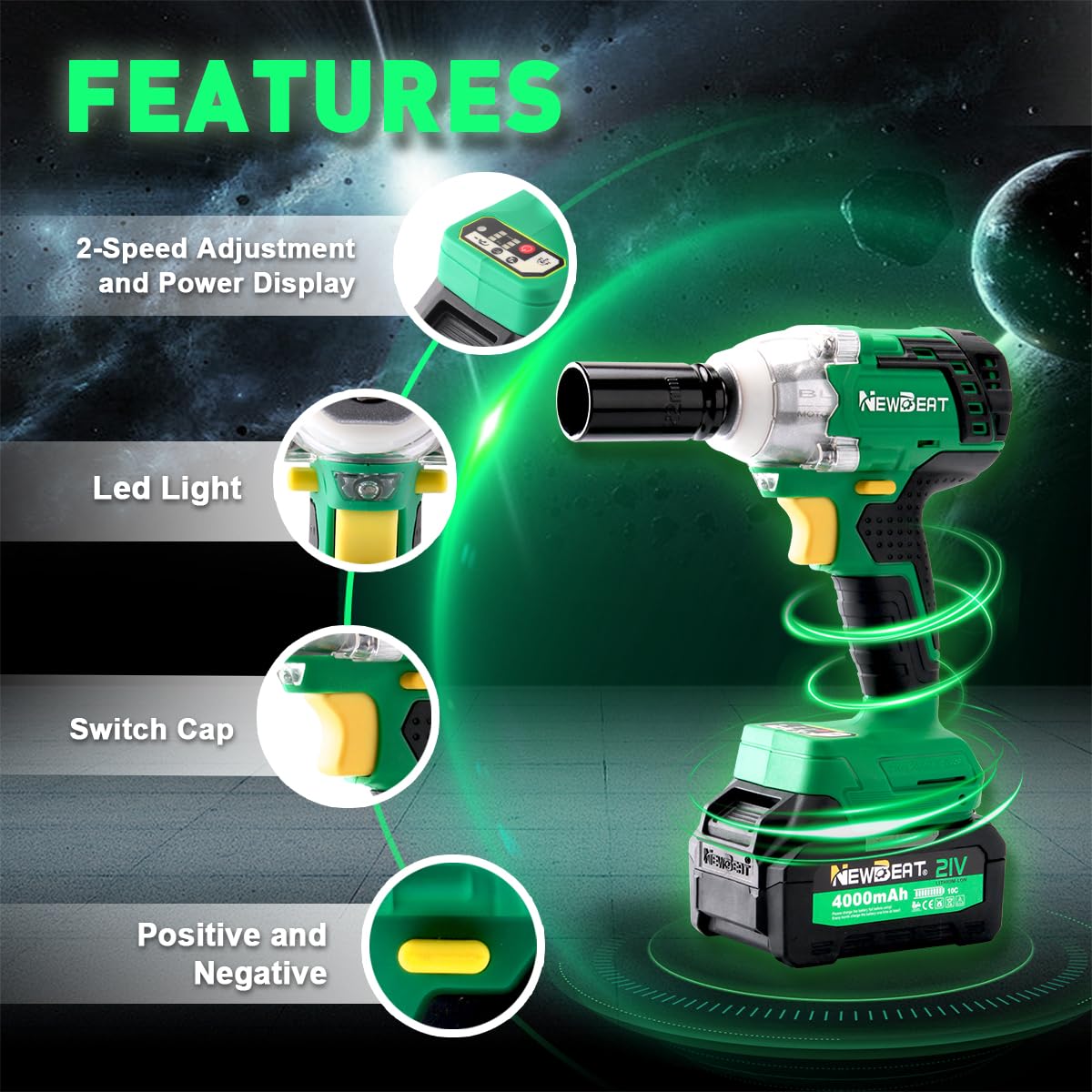 NEWBEAT Cordless Impact Wrench, 21V Brushless 1/2 inch Impact Wrench, Electric Impact Gun, Power Impact Driver with 4.0Ah Battery and Charger, Variable Speeds for Car, Home DIY, Tire Removal Tool