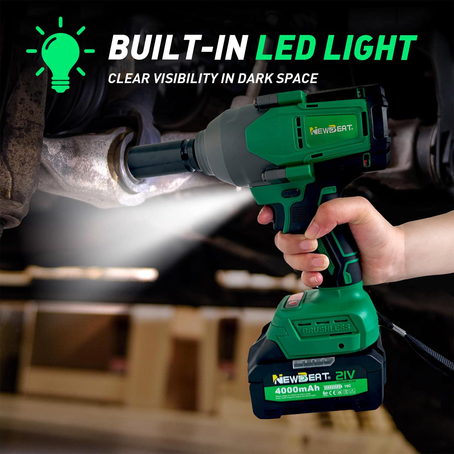 NEWBEAT Cordless Impact Wrench, 1/2 inch Impact Gun, Electric Impact Wrench Max Torque 800 N.m, 21V Brushless with 2 * 4.0Ah Battery and Charger, Power Impact Driver Tools for Men