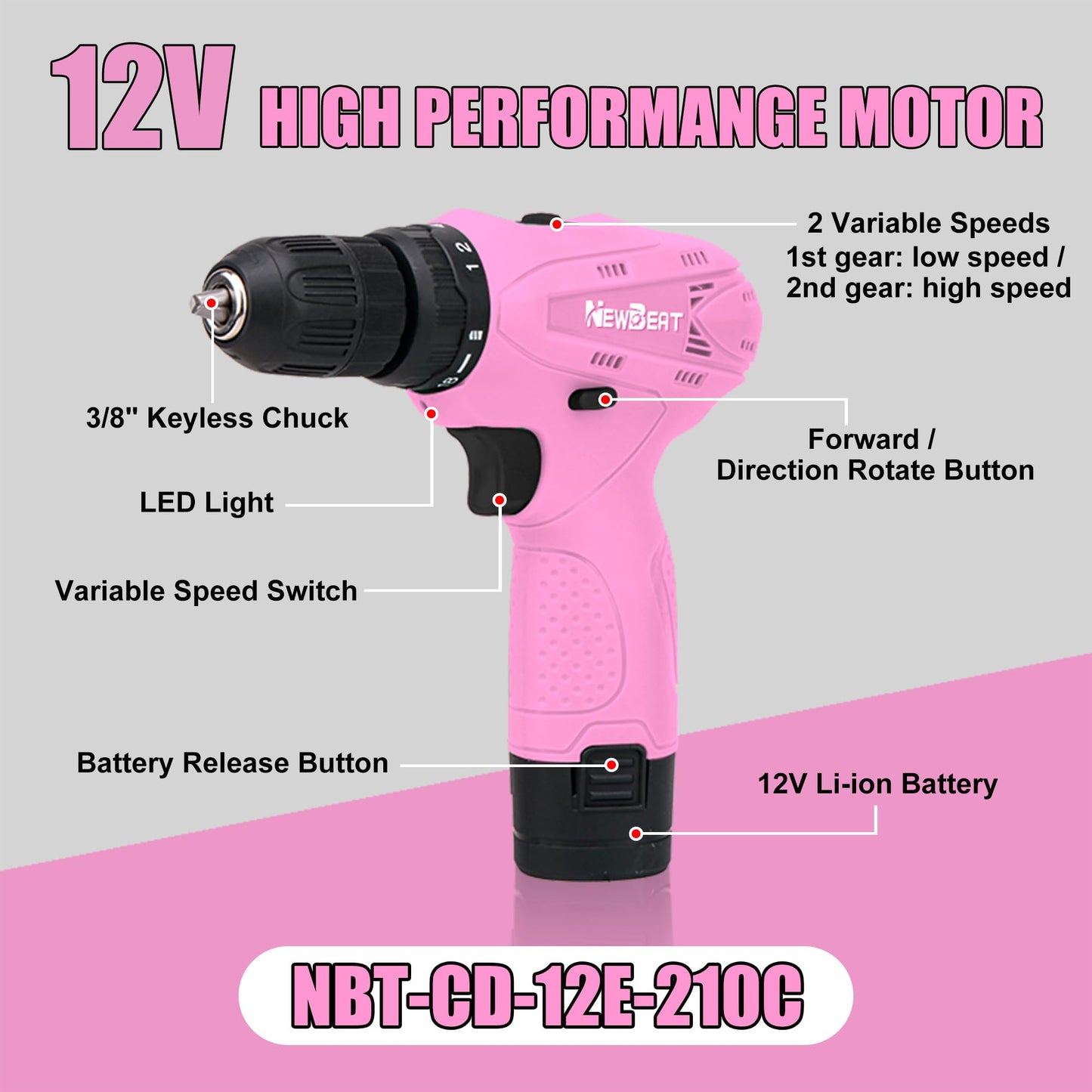 NEWBEAT Pink Cordless Drill Set - 12V Power Drill Cordless with Battery and Charger for Home Improvement, 3/8" Keyless Chuck, 2 Variable Speed, Electric Power Tools for Women DIY