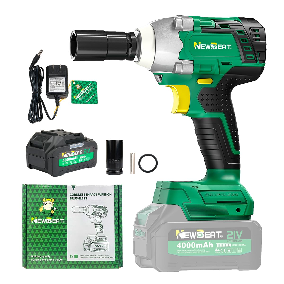 NEWBEAT Cordless Impact Wrench, 21V Brushless 1/2 inch Impact Wrench, Electric Impact Gun, Power Impact Driver with 4.0Ah Battery and Charger, Variable Speeds for Car, Home DIY, Tire Removal Tool