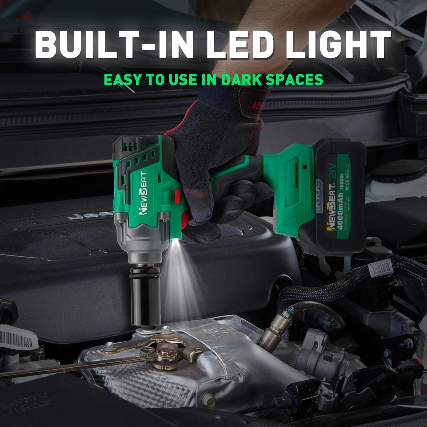 NEWBEAT Cordless Impact Wrench Set - 1/2 inch Impact Gun, Electric Power Impact Driver Max Torque 550 N.m, 21V Brushless, 2*4.0Ah Battery, 2400 RPM Variable Speeds for Car Home DIY, Tire Removal Tool