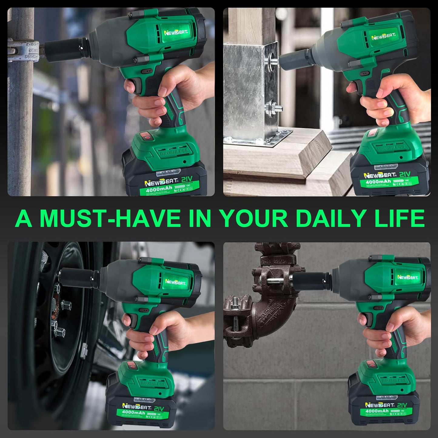 NEWBEAT Cordless Impact Wrench, 1/2 inch Impact Gun, Electric Impact Wrench Max Torque 800 N.m, 21V Brushless with 2 * 4.0Ah Battery and Charger, Power Impact Driver Tools for Men