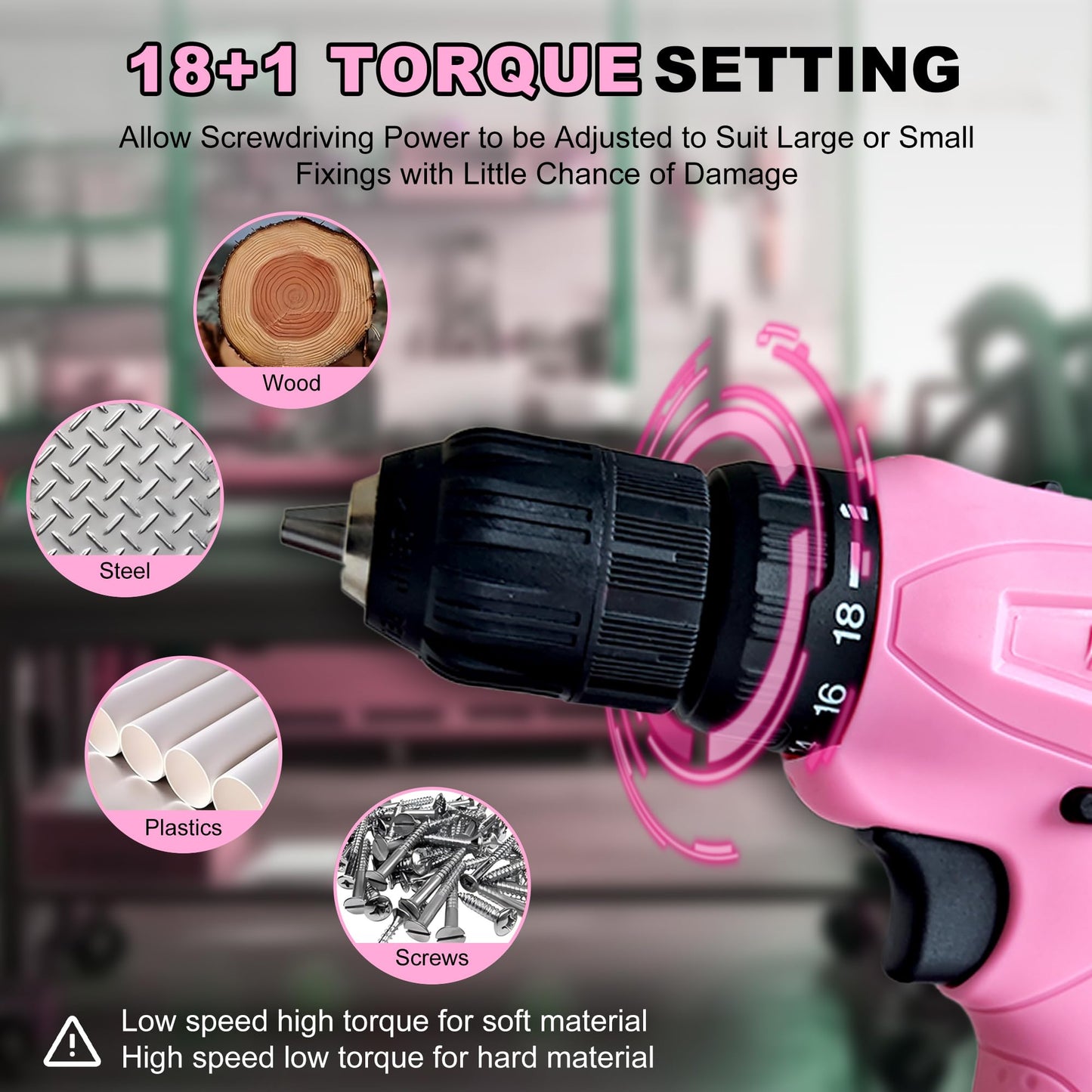 NEWBEAT Pink Cordless Drill Set - 12V Power Drill Cordless with Battery and Charger for Home Improvement, 3/8" Keyless Chuck, 2 Variable Speed, Electric Power Tools for Women DIY